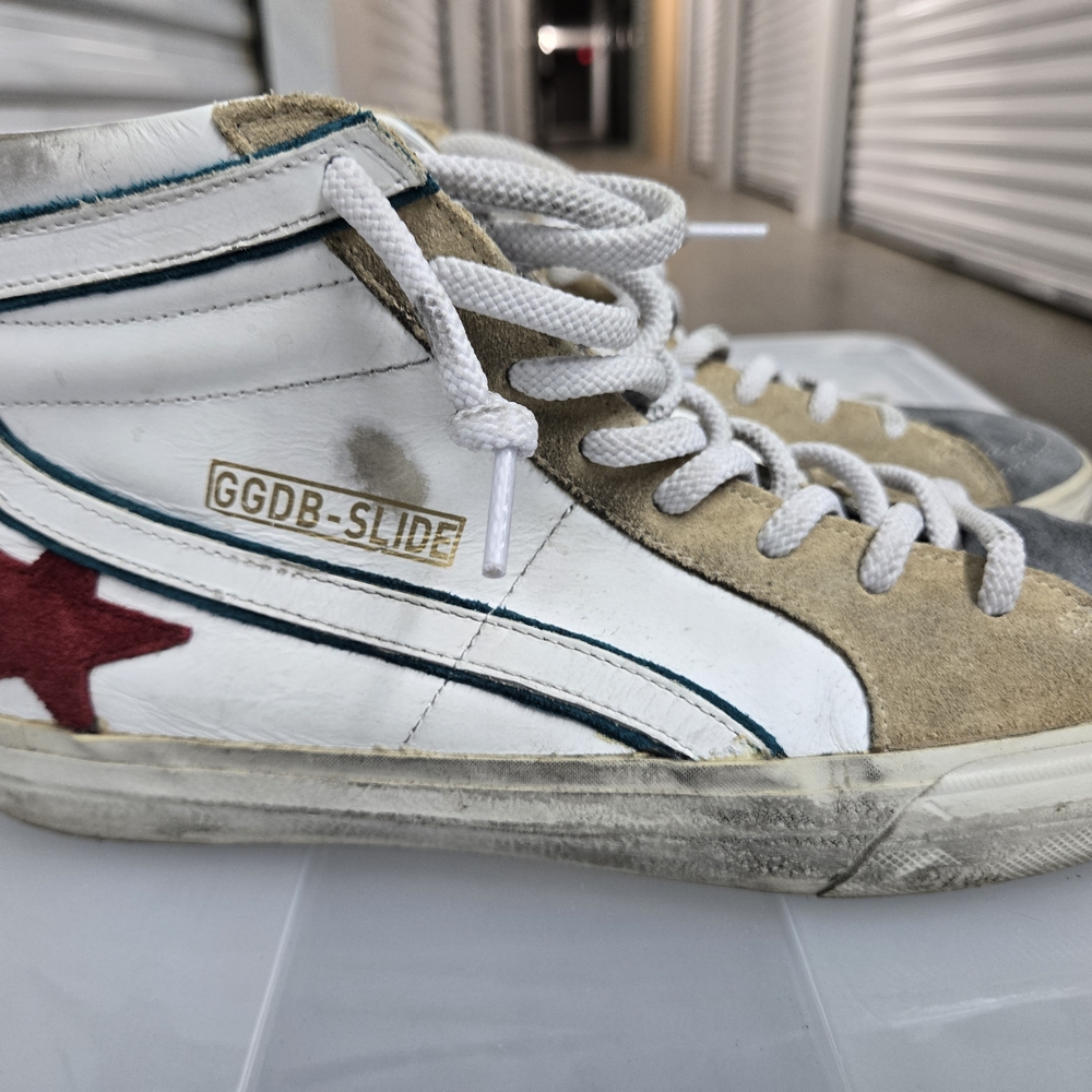 Men's Golden Goose White and Tan Sneakers Distressed High-Top